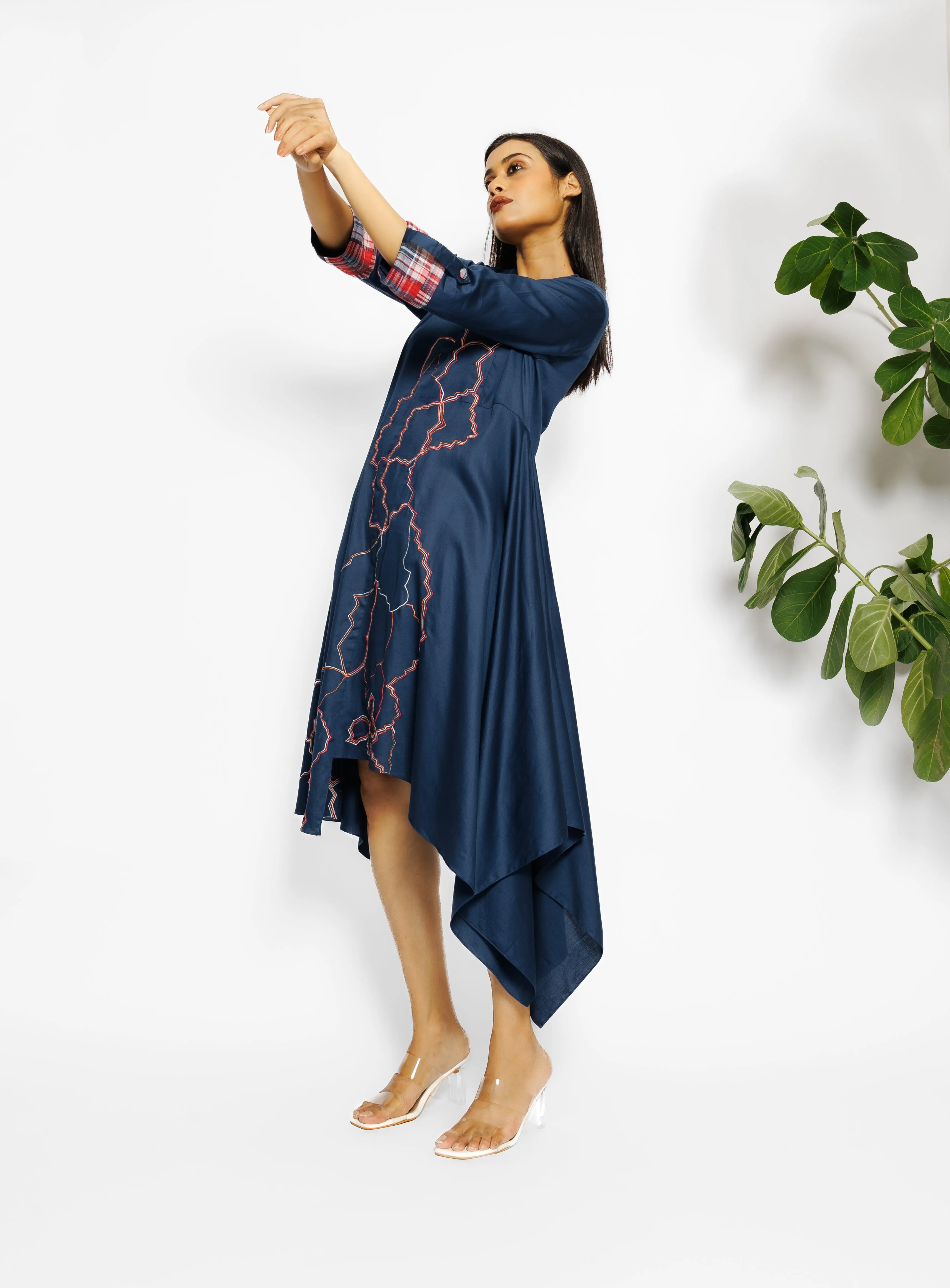 Deep Blue Abstract Printed Malai Cotton Tunic Dress