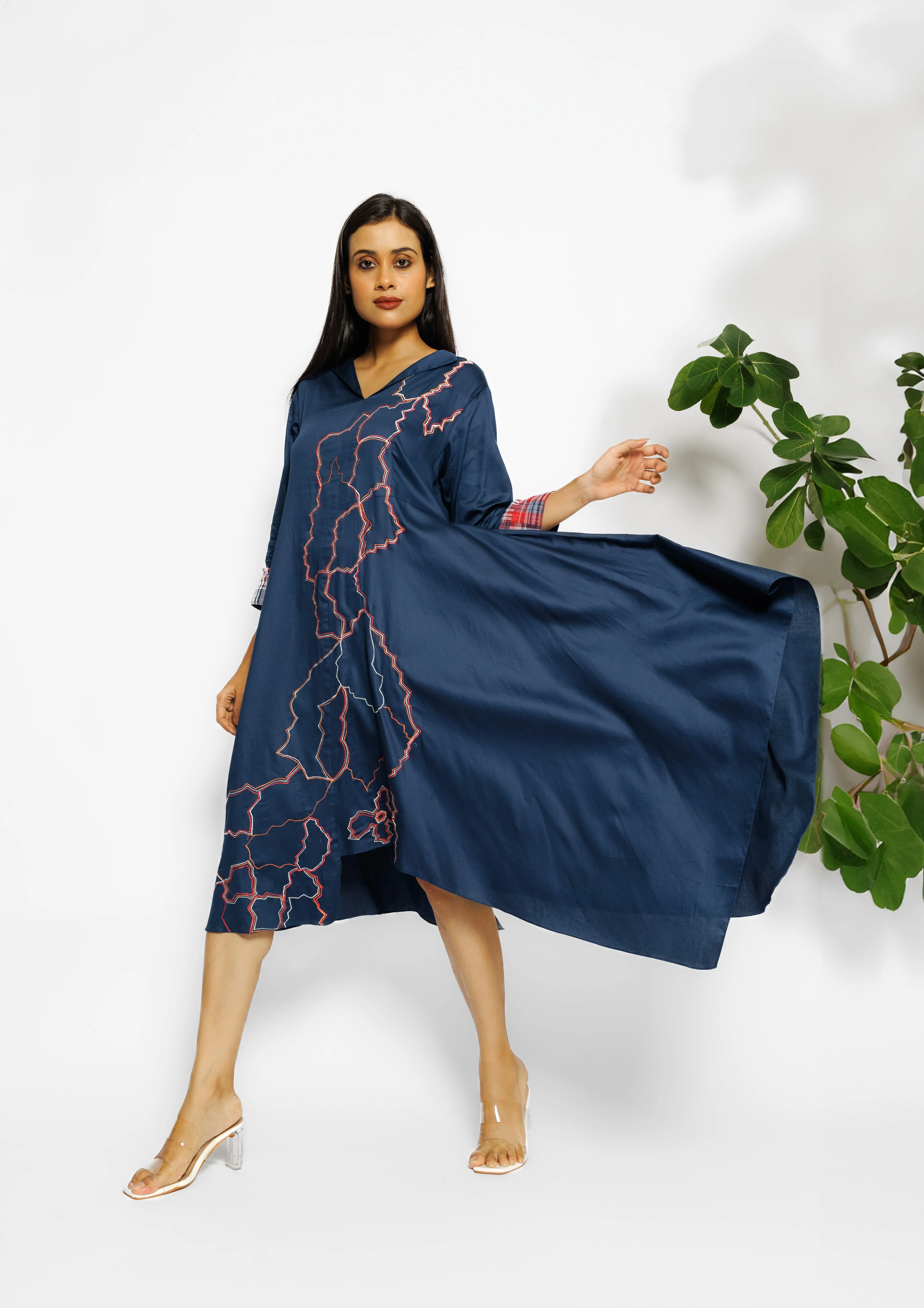 Deep Blue Abstract Printed Malai Cotton Tunic Dress