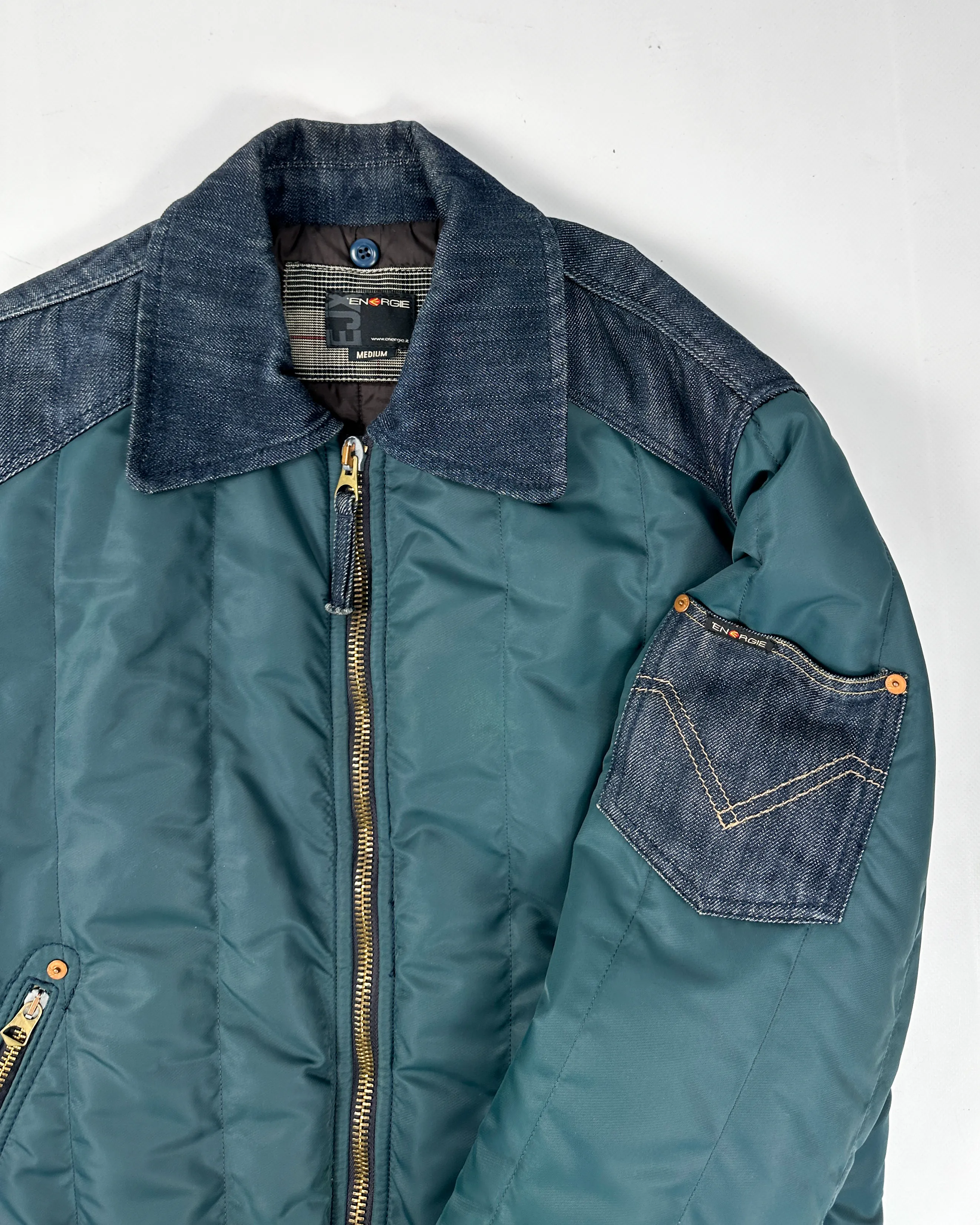 Energie Nylon   Denim Deep Green Bomber Jacket 2000's