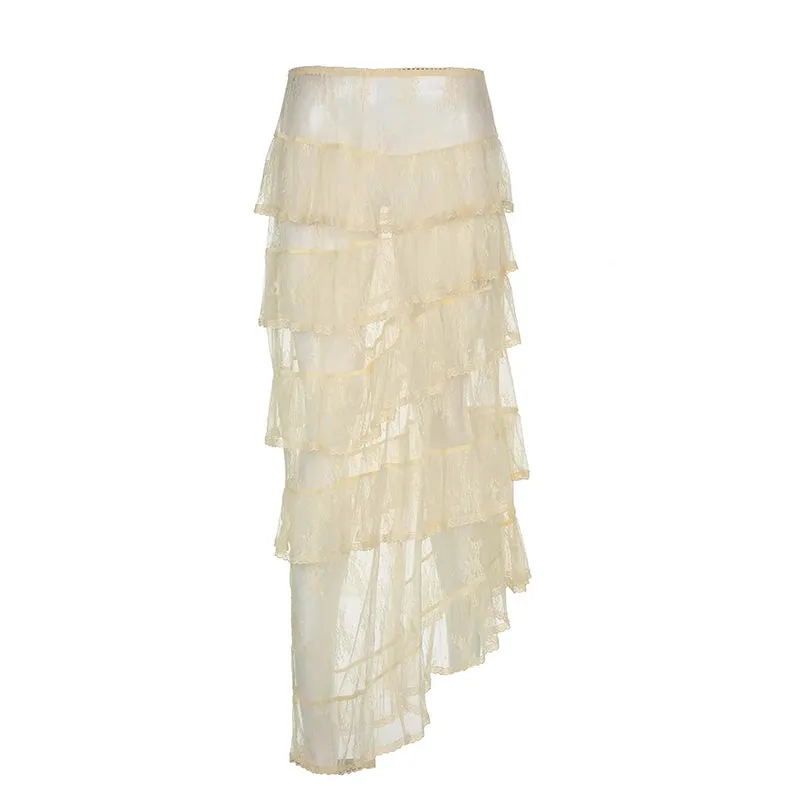 Fashion Chic Boho Sexy Lace Skirt Ladies Elegant Ruffles Asymmetrical Long Skirt Women Clubwear Party See Through Hot