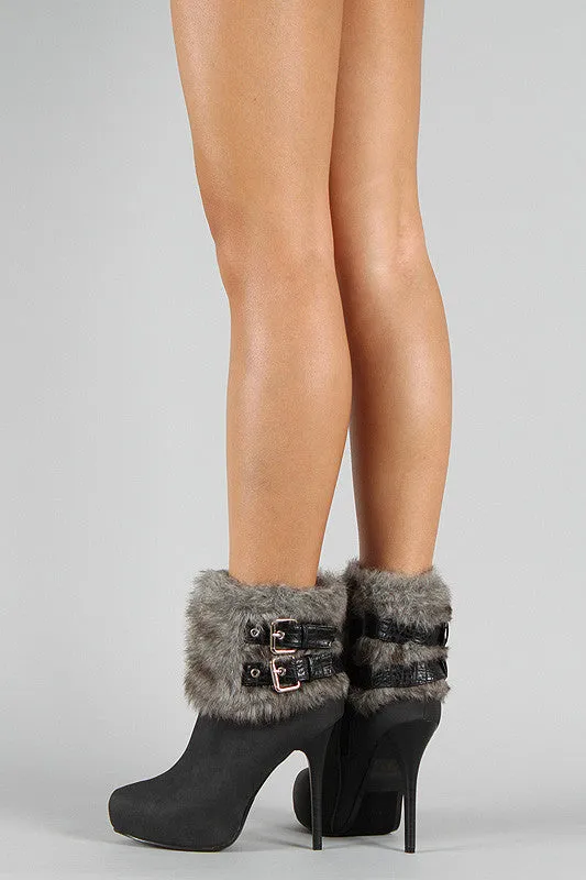 Faux Fur Collar Buckle Almond Toe Stiletto Booties