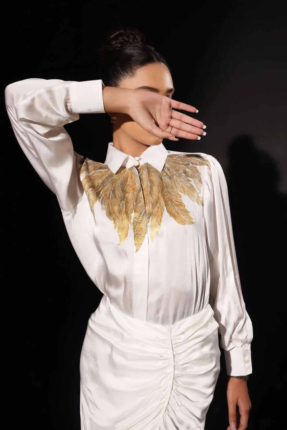 Feathery Shirt with Front Slit Skirt