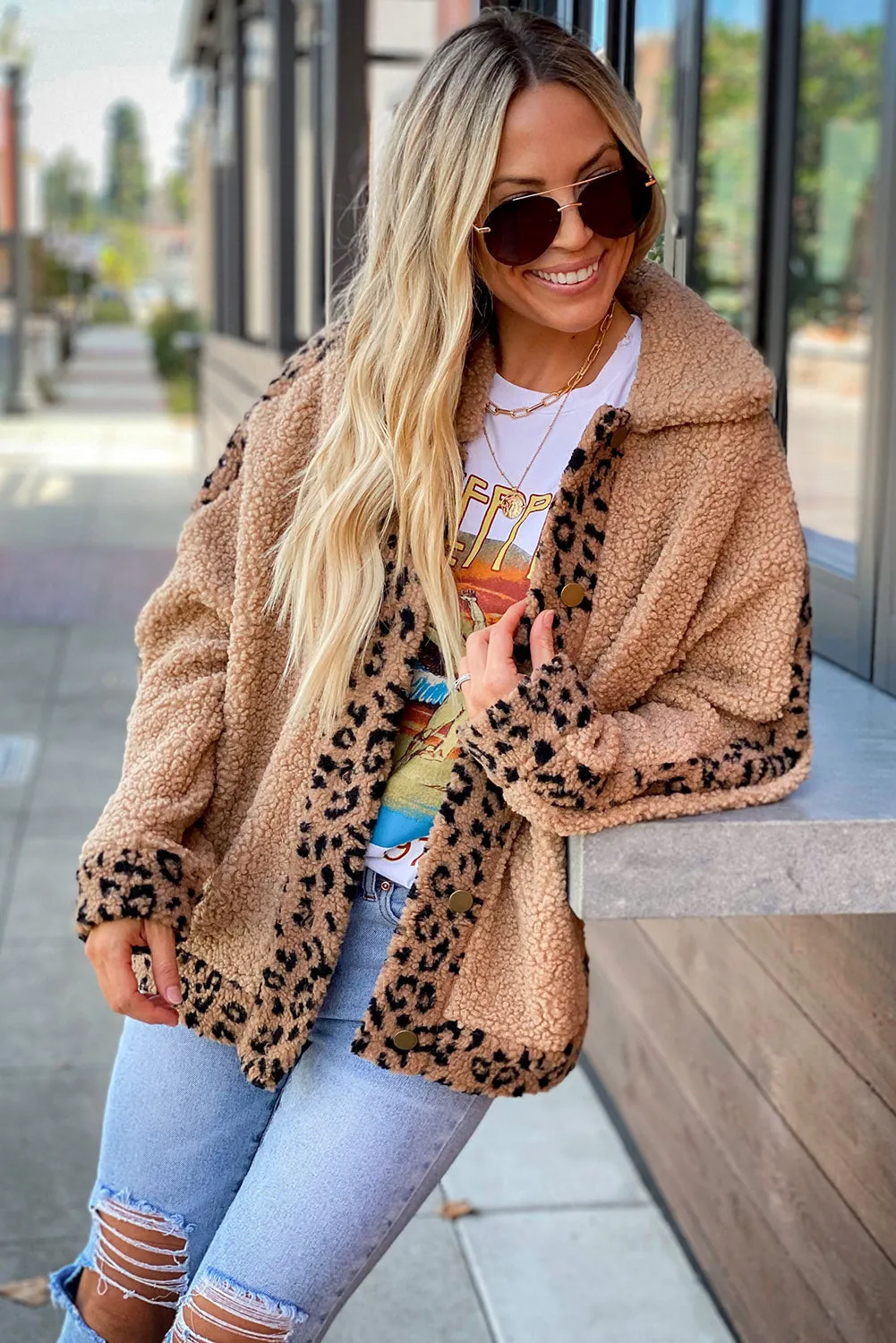 Flaxen Leopard Contrast Lapel Collar Sherpa Coat