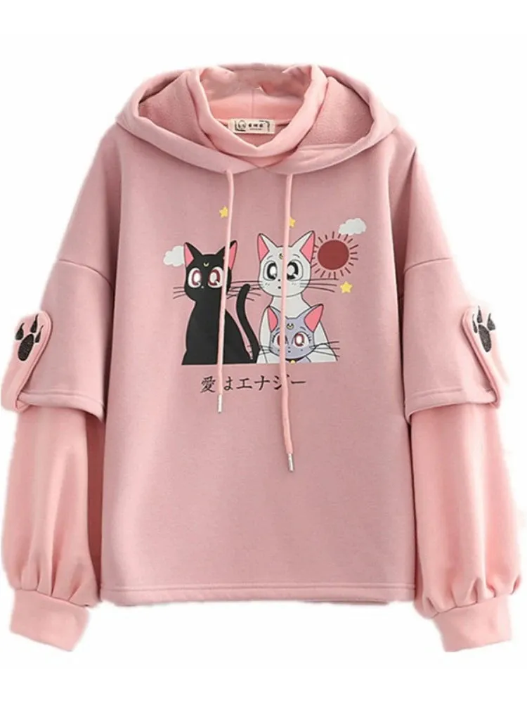 Fleece Pink Winter Hooded Sweatshirt Cartoon Cat Print Cute Hoodies Sweet Style Girl Long Sleeve Kawaii Harakuju Pullover Top