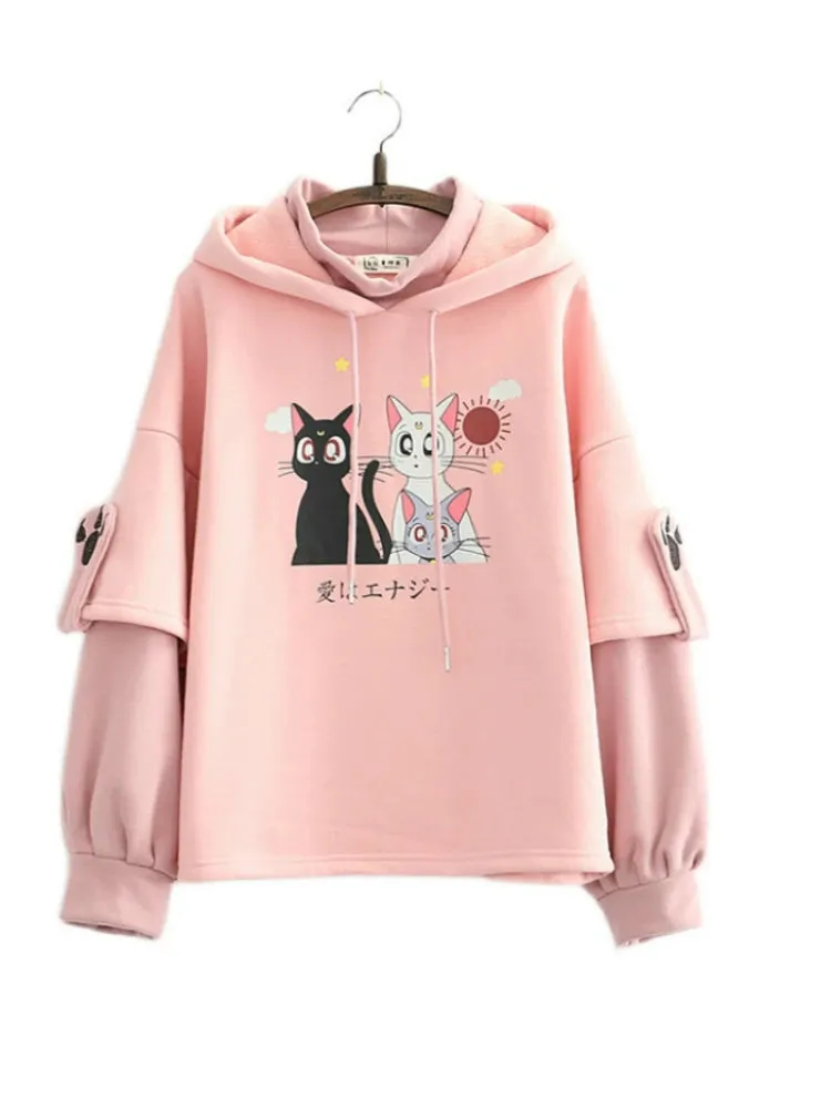 Fleece Pink Winter Hooded Sweatshirt Cartoon Cat Print Cute Hoodies Sweet Style Girl Long Sleeve Kawaii Harakuju Pullover Top