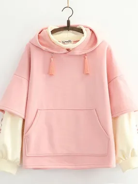 Floral Embroidery Patchwork Fleece Women Hoodies Winter Thick Drawstring Hooded Sweatshirt Female Plus Velvet Pullovers