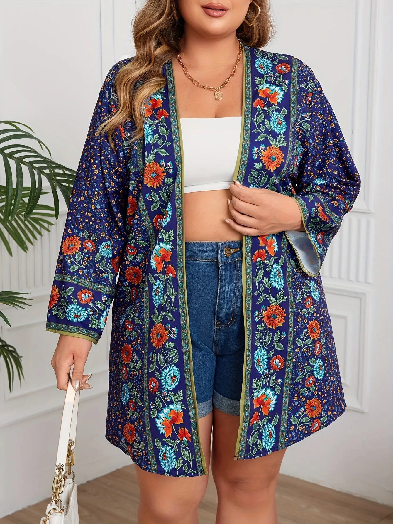 Floral Print Colorblock Plus Size Boho Cardigan with Long Sleeve