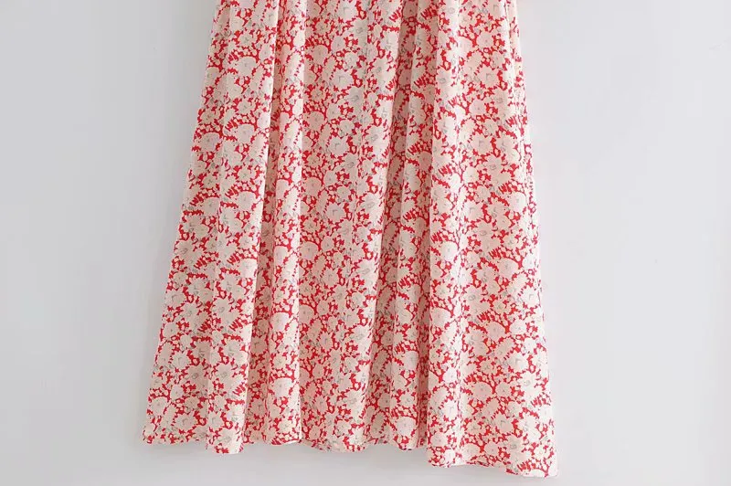 French Square-collar Printed Long Skirt with High Waist Buckle Casual Grand Skirt