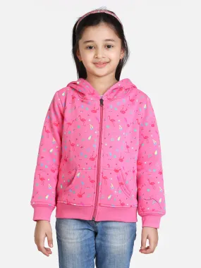 Girl's  Fuschia Pink Flamingo Printed Jacket With Hoodie - StyleStone Kid