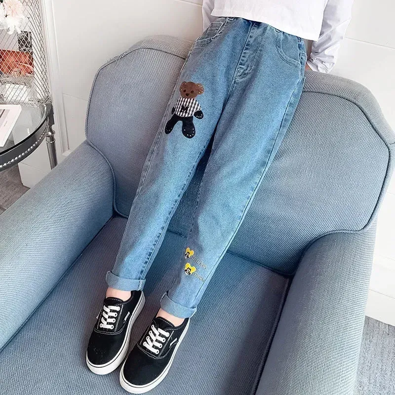 Girls Jeans Kids Cartoon Print Elastic Waist Denim Pant 2024 Spring Fall 3 To 12Yrs Teenagers Trousers Children's Cotton Clothes