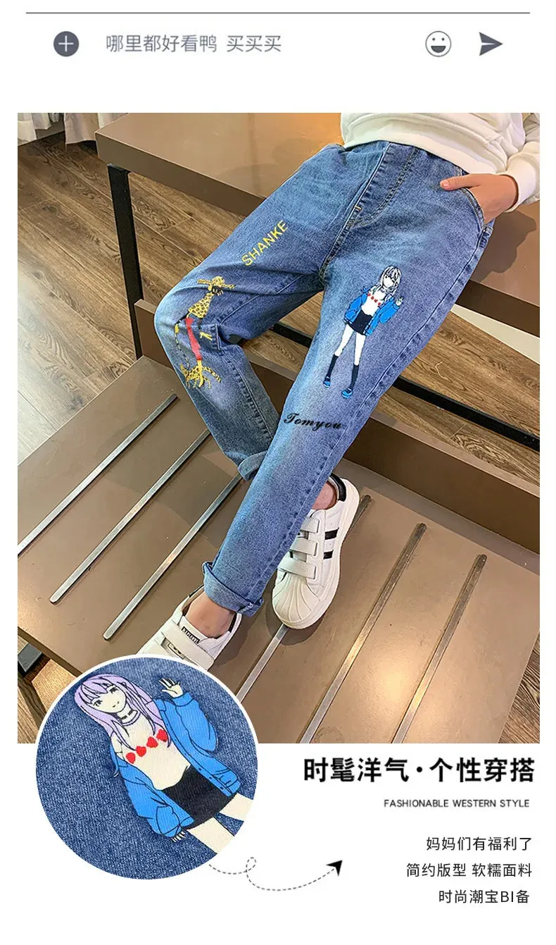 Girls Jeans Kids Cartoon Print Elastic Waist Denim Pant 2024 Spring Fall 3 To 12Yrs Teenagers Trousers Children's Cotton Clothes