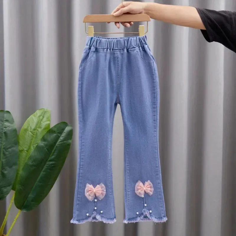 Girls Jeans Kids Cartoon Print Elastic Waist Denim Pant 2024 Spring Fall 3 To 12Yrs Teenagers Trousers Children's Cotton Clothes