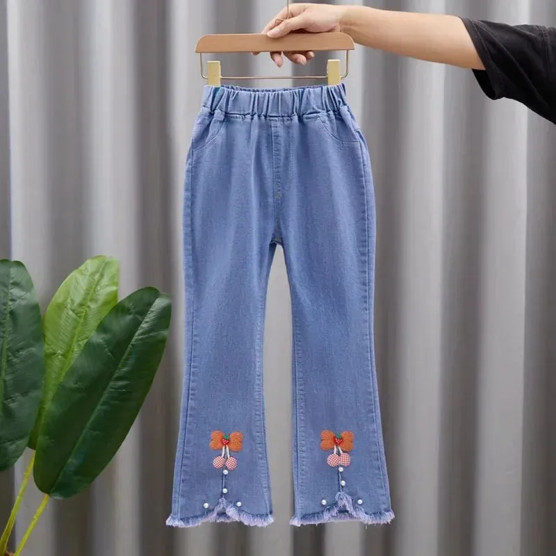 Girls Jeans Kids Cartoon Print Elastic Waist Denim Pant 2024 Spring Fall 3 To 12Yrs Teenagers Trousers Children's Cotton Clothes