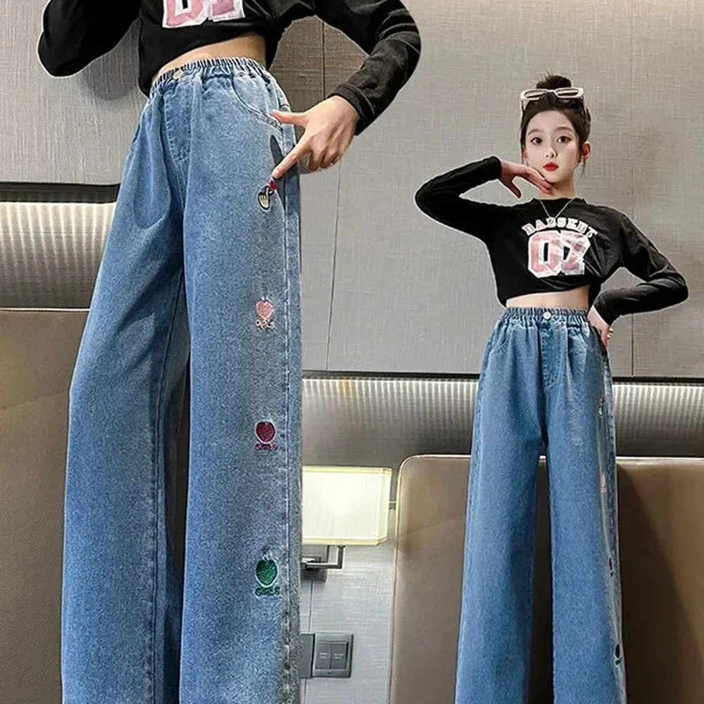 Girls Jeans Kids Cartoon Print Elastic Waist Denim Pant 2024 Spring Fall 3 To 12Yrs Teenagers Trousers Children's Cotton Clothes