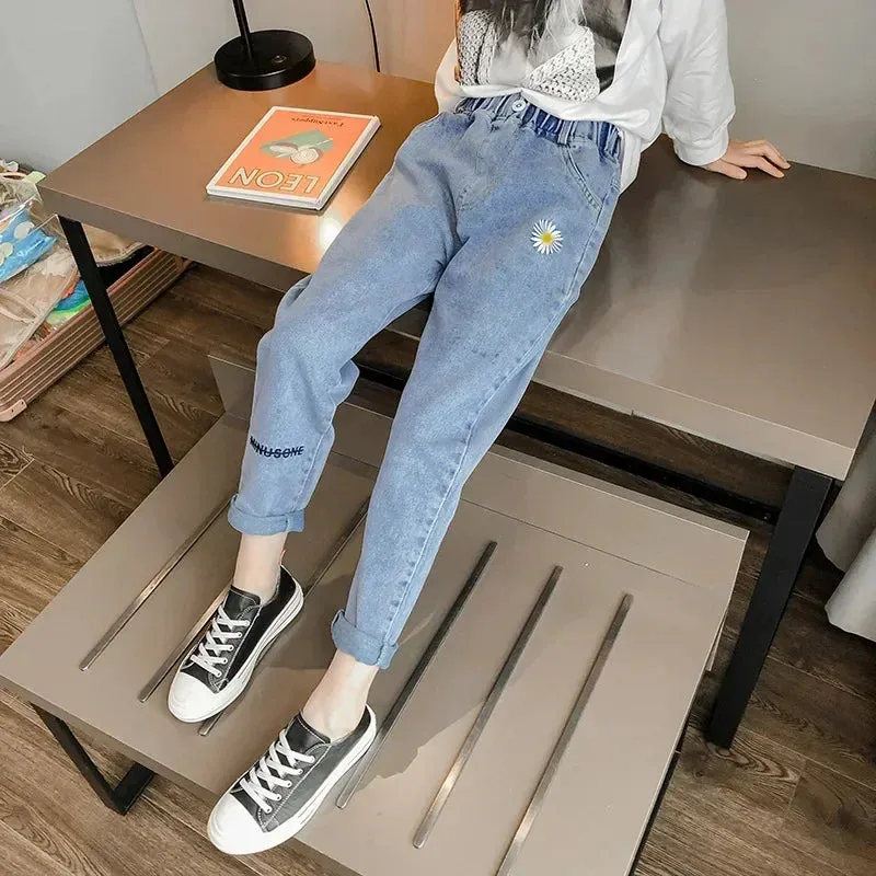 Girls Jeans Kids Cartoon Print Elastic Waist Denim Pant 2024 Spring Fall 3 To 12Yrs Teenagers Trousers Children's Cotton Clothes