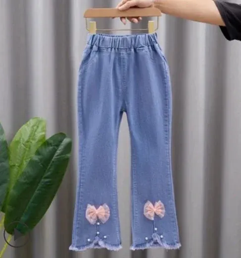 Girls Jeans Kids Cartoon Print Elastic Waist Denim Pant 2024 Spring Fall 3 To 12Yrs Teenagers Trousers Children's Cotton Clothes