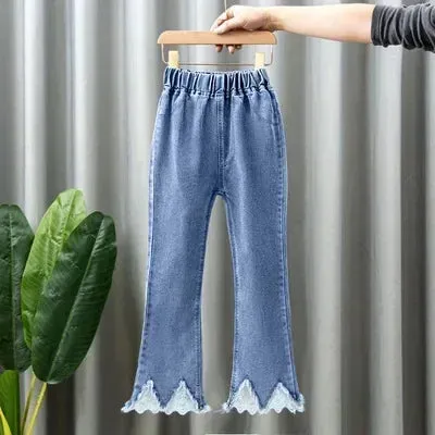 Girls Jeans Kids Cartoon Print Elastic Waist Denim Pant 2024 Spring Fall 3 To 12Yrs Teenagers Trousers Children's Cotton Clothes