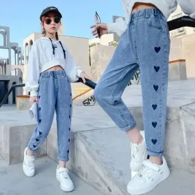 Girls Jeans Kids Cartoon Print Elastic Waist Denim Pant 2024 Spring Fall 3 To 12Yrs Teenagers Trousers Children's Cotton Clothes