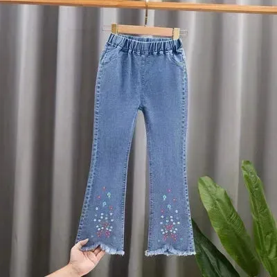 Girls Jeans Kids Cartoon Print Elastic Waist Denim Pant 2024 Spring Fall 3 To 12Yrs Teenagers Trousers Children's Cotton Clothes