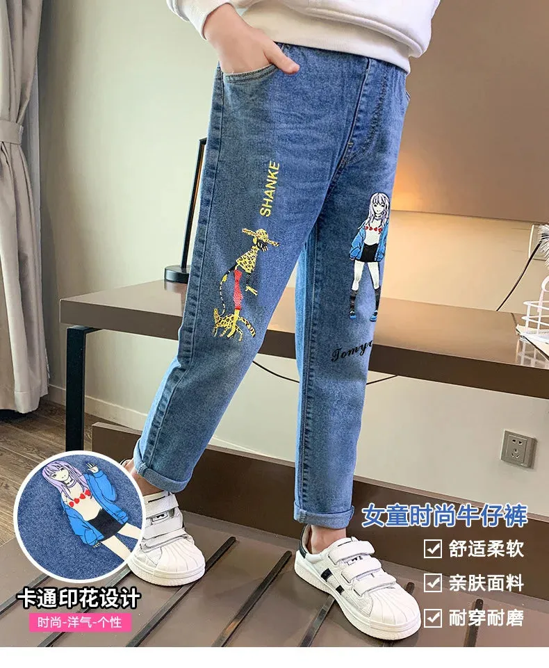 Girls Jeans Kids Cartoon Print Elastic Waist Denim Pant 2024 Spring Fall 3 To 12Yrs Teenagers Trousers Children's Cotton Clothes