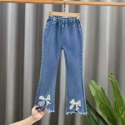 Girls Jeans Kids Cartoon Print Elastic Waist Denim Pant 2024 Spring Fall 3 To 12Yrs Teenagers Trousers Children's Cotton Clothes