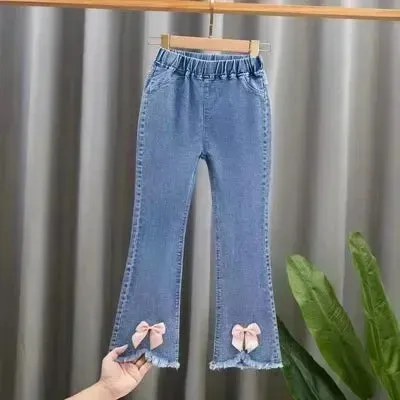 Girls Jeans Kids Cartoon Print Elastic Waist Denim Pant 2024 Spring Fall 3 To 12Yrs Teenagers Trousers Children's Cotton Clothes