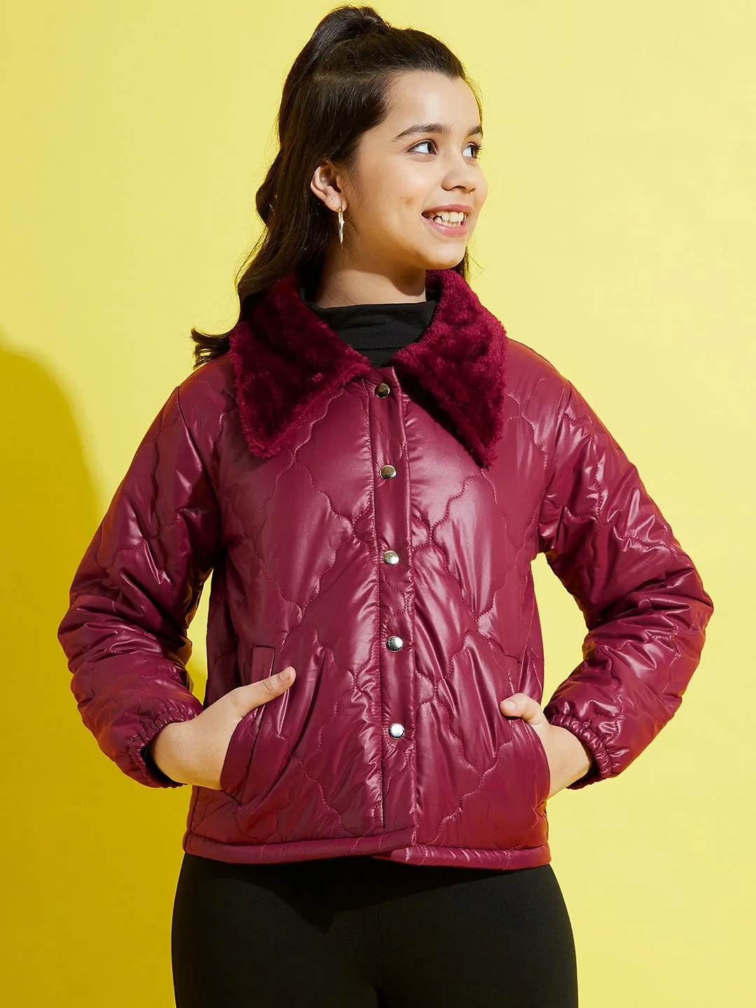 Girls Maroon Fur Collar Quilted Jacket - Lyush Kids