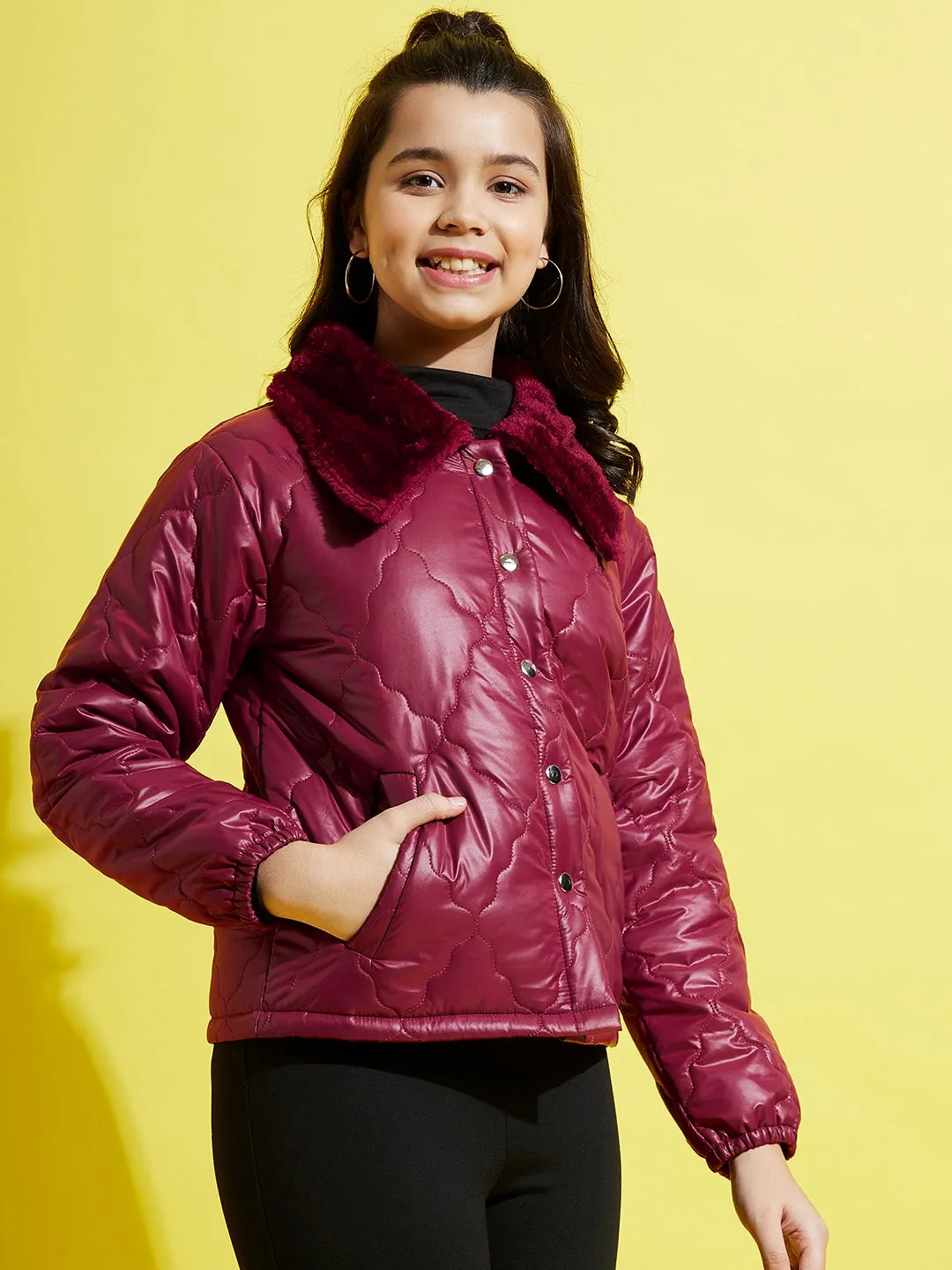 Girls Maroon Fur Collar Quilted Jacket - Lyush Kids