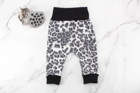 Gray Leopard Print Knit Harem Pants with Wide Black Band 3-6 months and 12-18 months