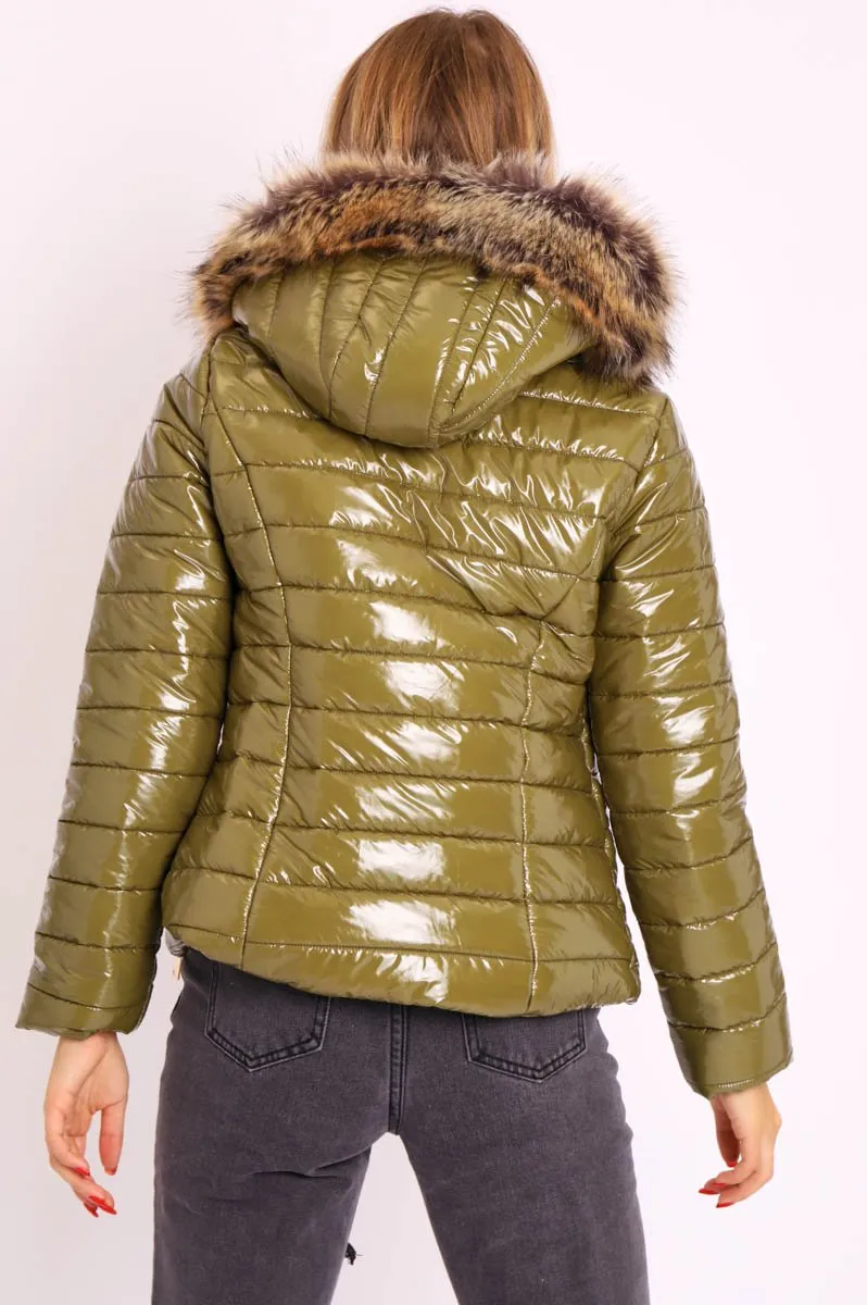 Green Wet Look Puffer Coat - Soph