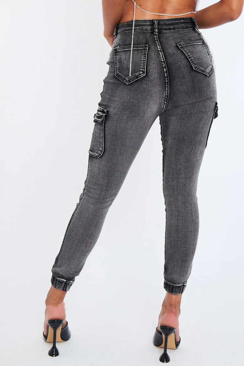 Grey Denim Look Chain Detail Stretch Cargo Trousers - Nellie