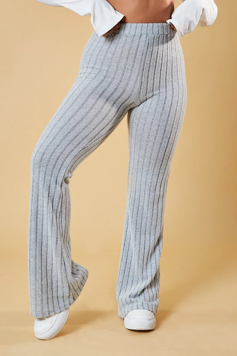 Grey Rib Knit Flared Trousers - Juniper