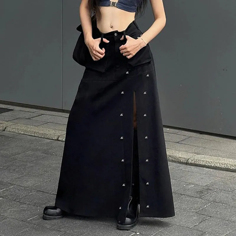 Grunge Punk Style Rivet Black Long Skirt Pockets Side Slit Harajuku Gothic Cargo Skirt Female A-Line Solid Clothing