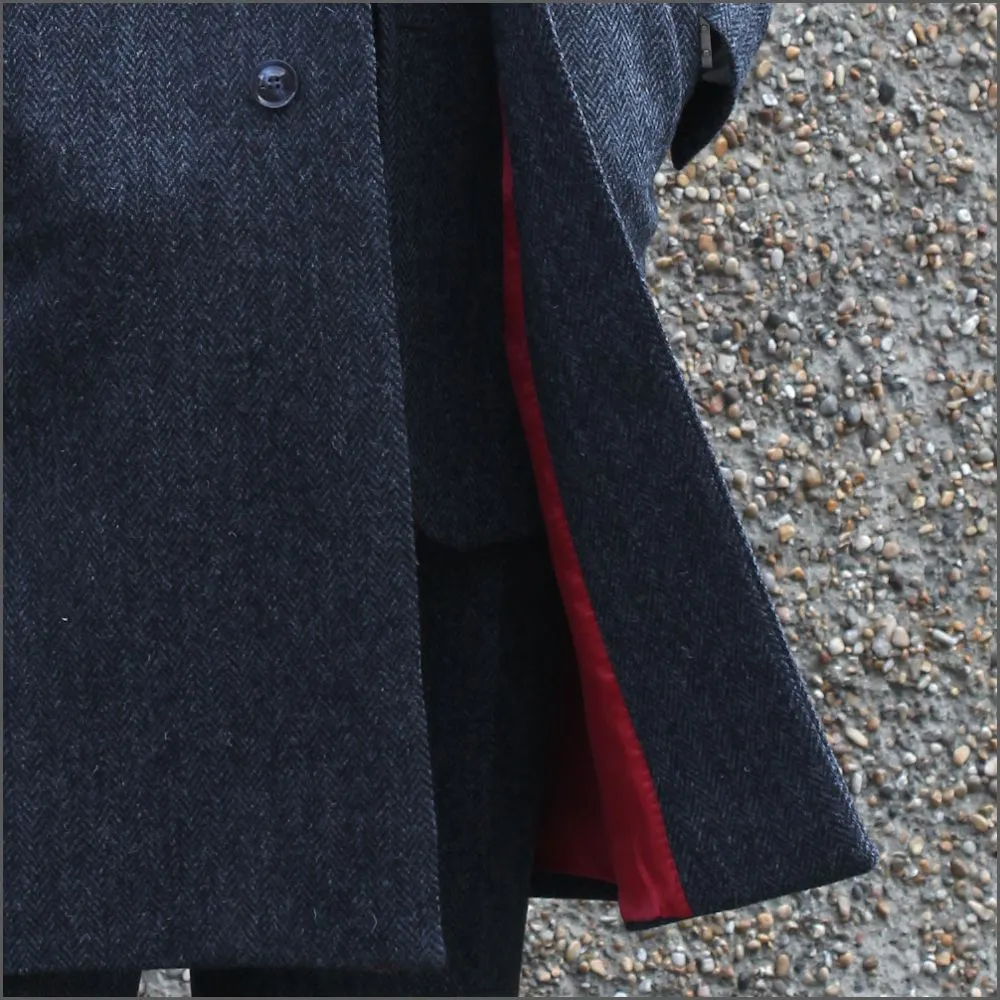 Harris Tweed Dark Blue Herringbone Raglan Overcoat--