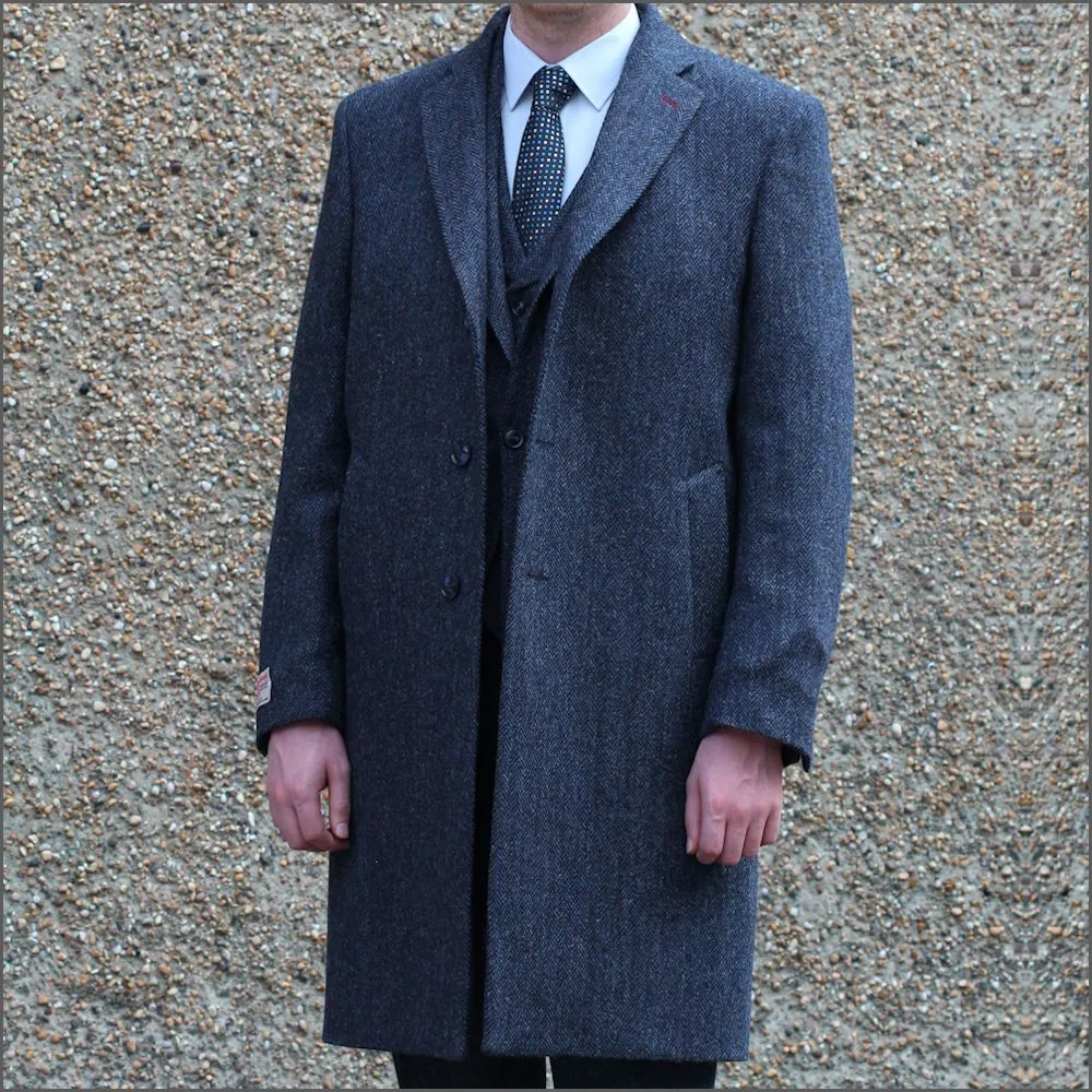 Harris Tweed Dark Blue Herringbone Raglan Overcoat--