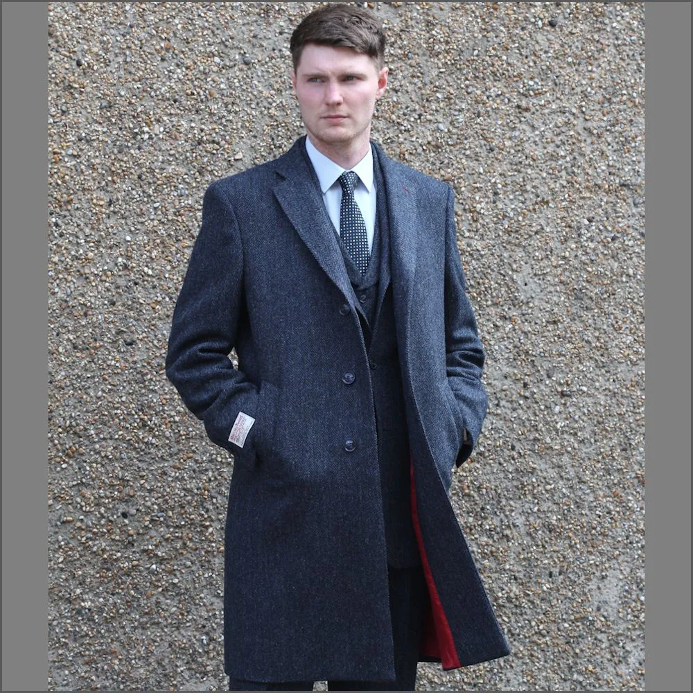 Harris Tweed Dark Blue Herringbone Raglan Overcoat--