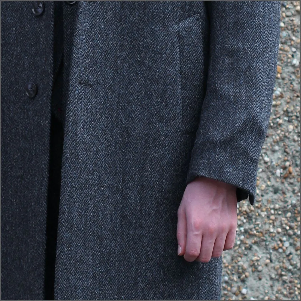 Harris Tweed Dark Blue Herringbone Raglan Overcoat--