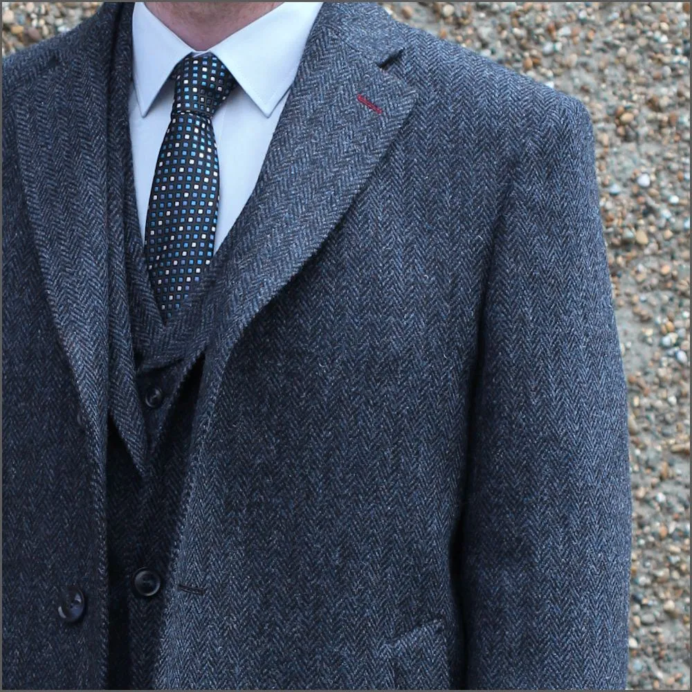 Harris Tweed Dark Blue Herringbone Raglan Overcoat--