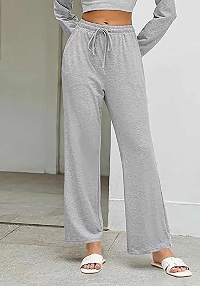 Heather Gray  Women's Casual Elastic Waist Full Length Relaxed Fit Stretch Wide Leg Pants Side Pocket