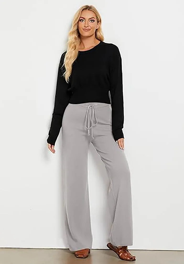 Heather Gray  Women's Full-Length Wide Leg Stretch Casual Pants Elastic Waist Relaxed Fit