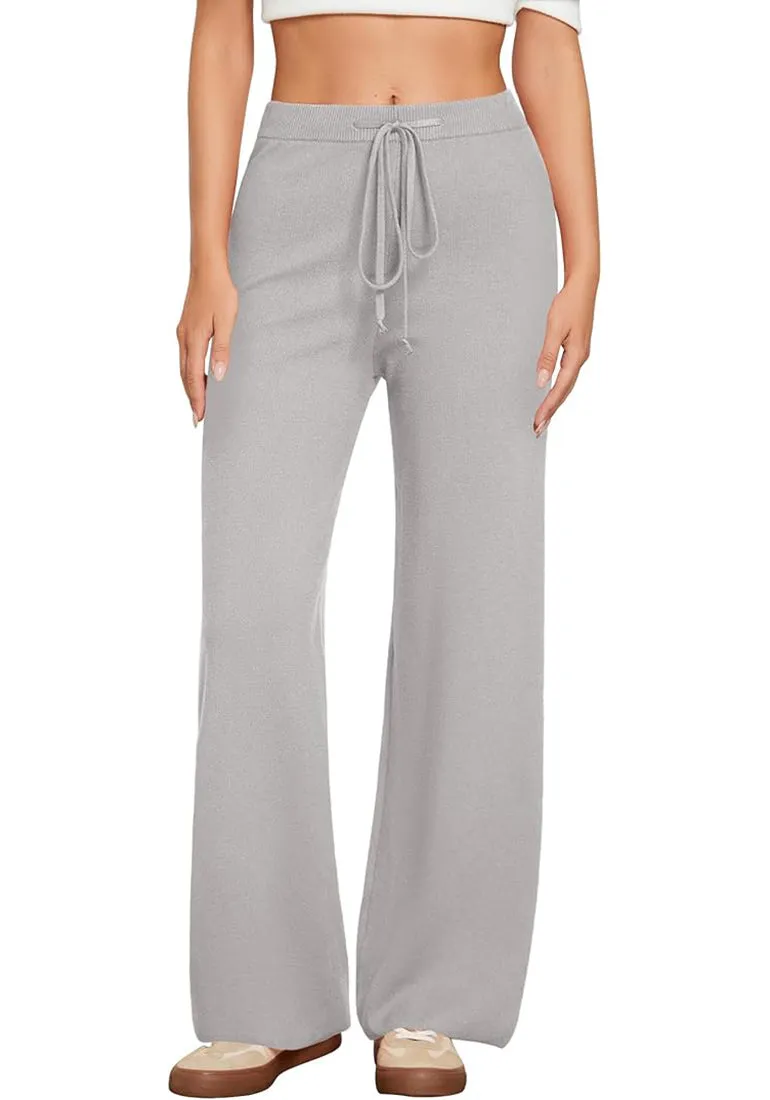 Heather Gray  Women's Full-Length Wide Leg Stretch Casual Pants Elastic Waist Relaxed Fit