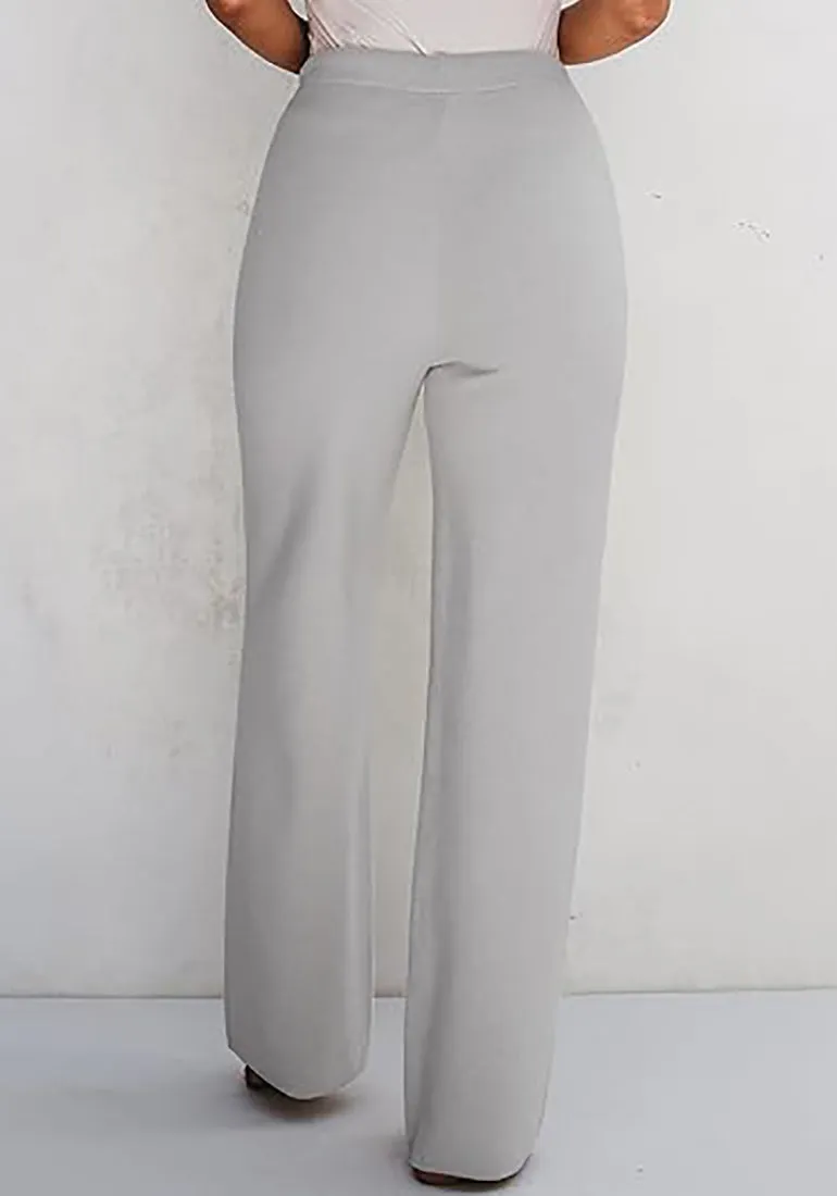 Heather Gray  Women's Full-Length Wide Leg Stretch Casual Pants Elastic Waist Relaxed Fit