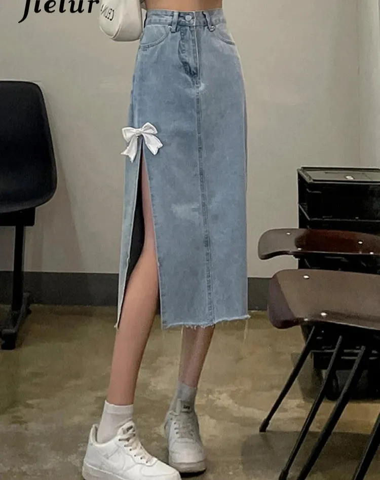 High Waist Split Bow Denim Skirts Summer New Slim Solid Color Women's Y2k Skirt Slight Stretch Simple Casual Streetwear