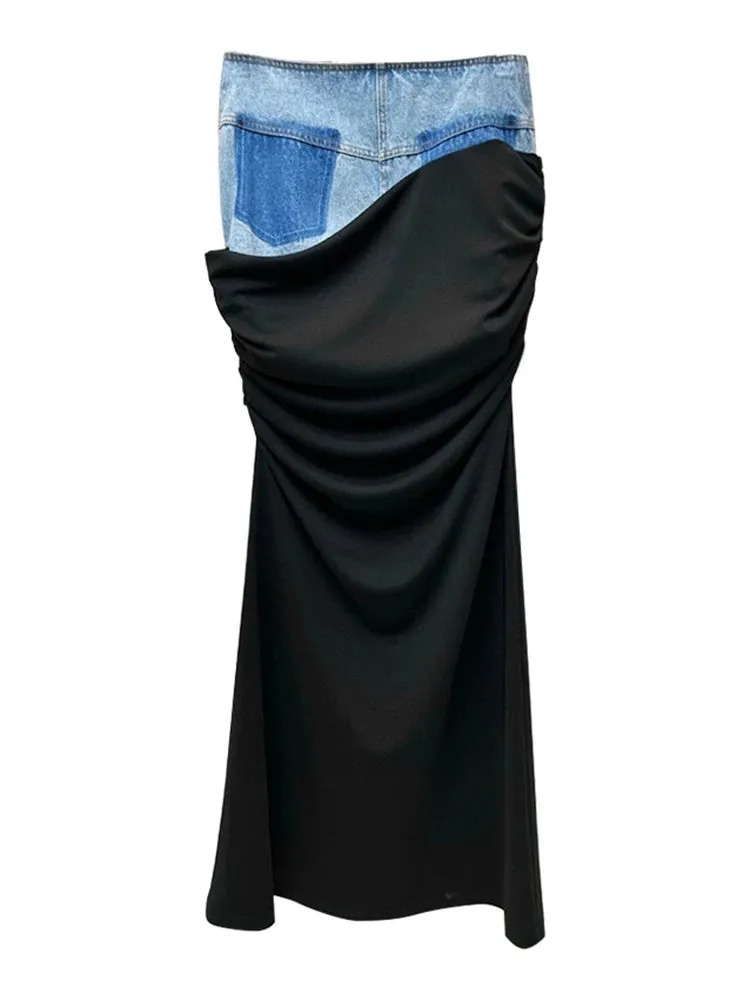 Hit Color Patchwork Denim Folds Skirts For Women High Waist Floor Length Elegant Skirt Female Fashion Summer