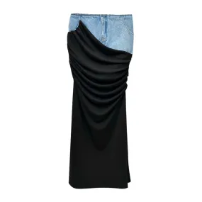 Hit Color Patchwork Denim Folds Skirts For Women High Waist Floor Length Elegant Skirt Female Fashion Summer