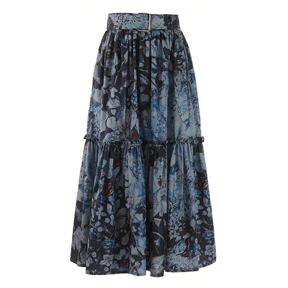 Hit Color Spliced Belt Skirts For Women High Waist Folds Print Summer A Line Skirt Female Fashion Clothing