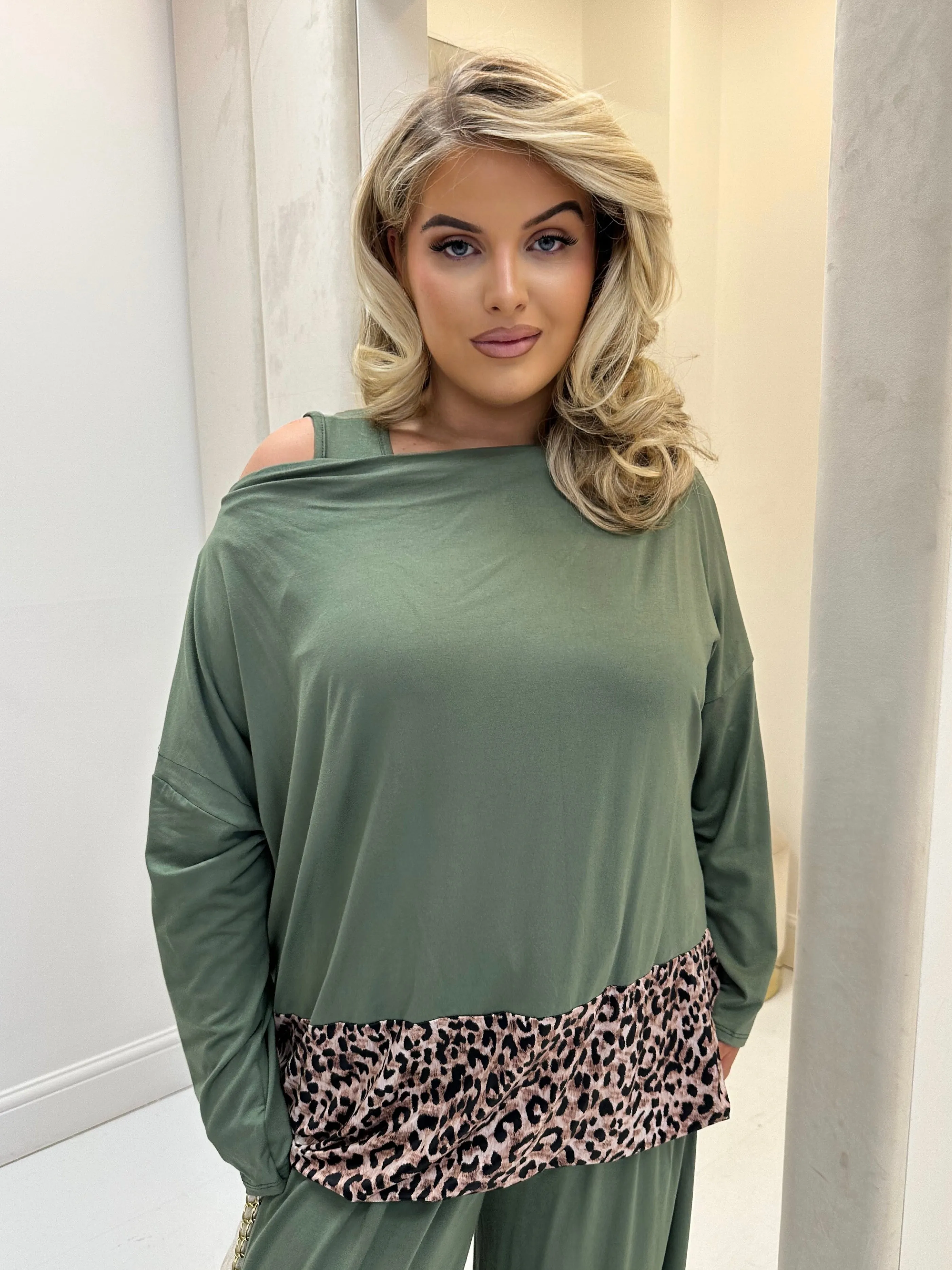 Hollyanna Curve Khaki Leopard Print Cowl Neck Jersey Drawstring Co-Ord