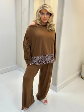 Hollyanna Curve Tan Leopard Print Cowl Neck Jersey Drawstring Co-Ord