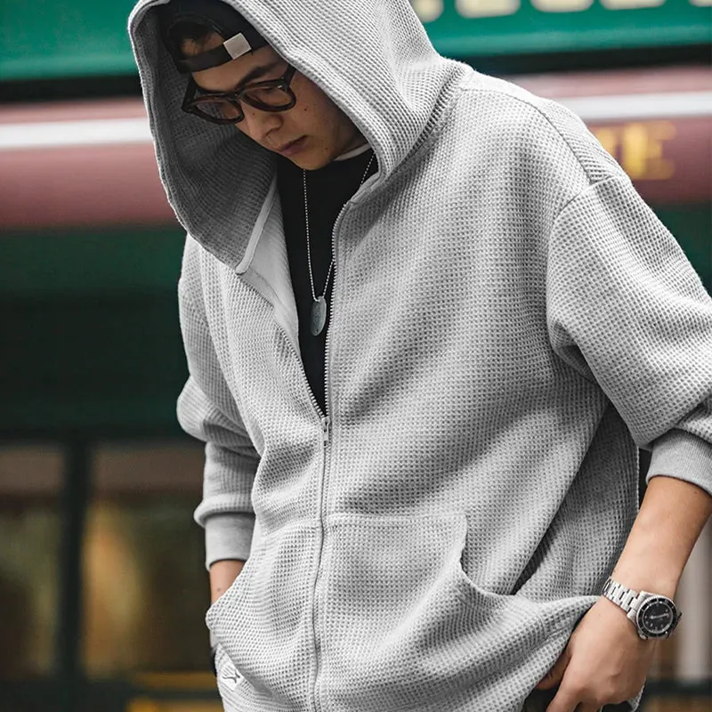 Japanese Vintage Gray Waffle Hoodies for Men - Essential Hooded Sweatshirts - Amekaji Style