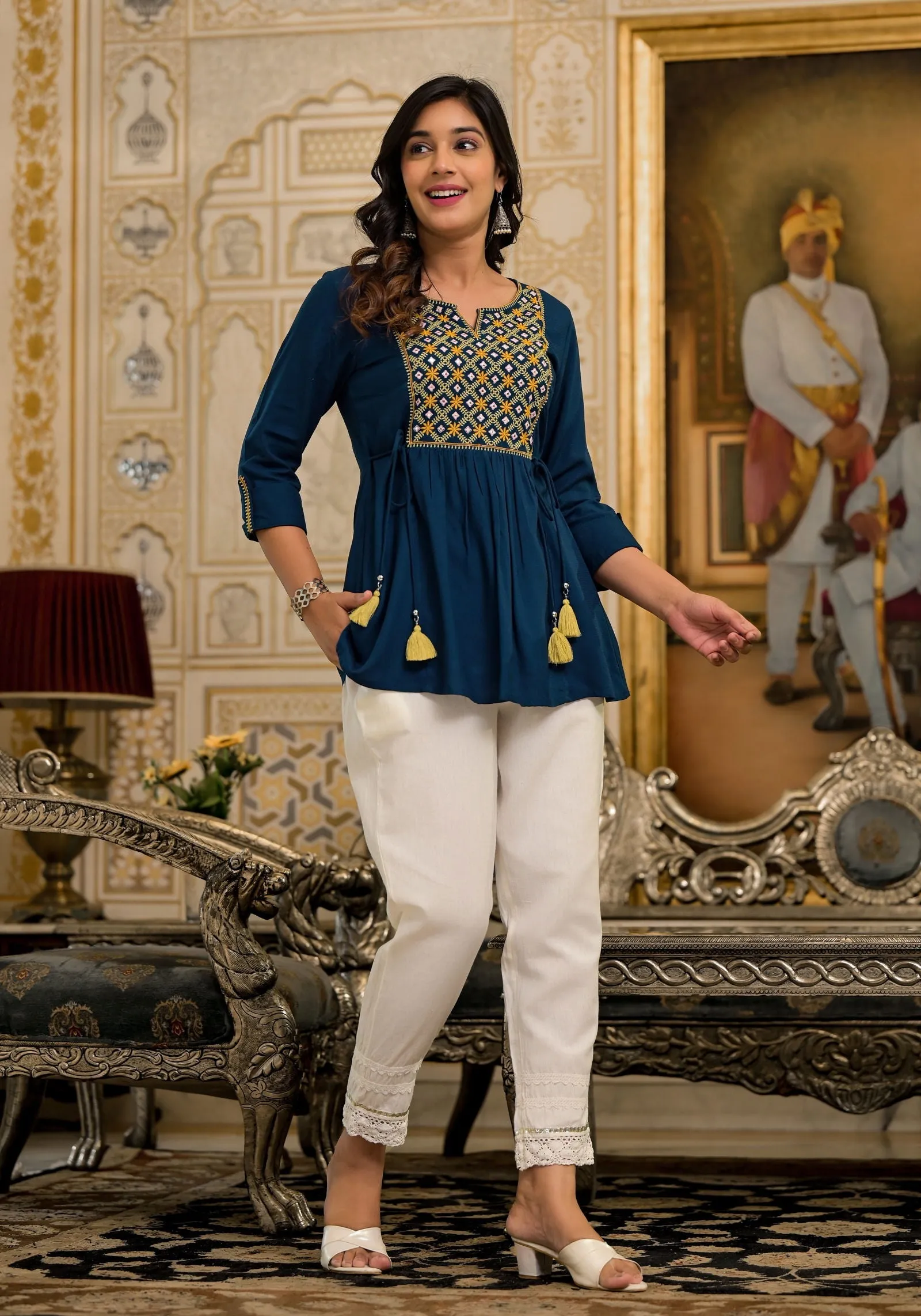 Jashvi Blue Thread Embroidered Rayon Tunic With Mirror Work & Tassels